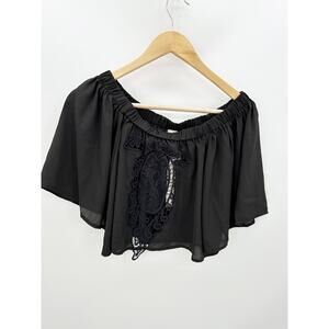 Nature Rose Top Women LF Black Ruffle Cropped Embroidered Boho Loose Festival